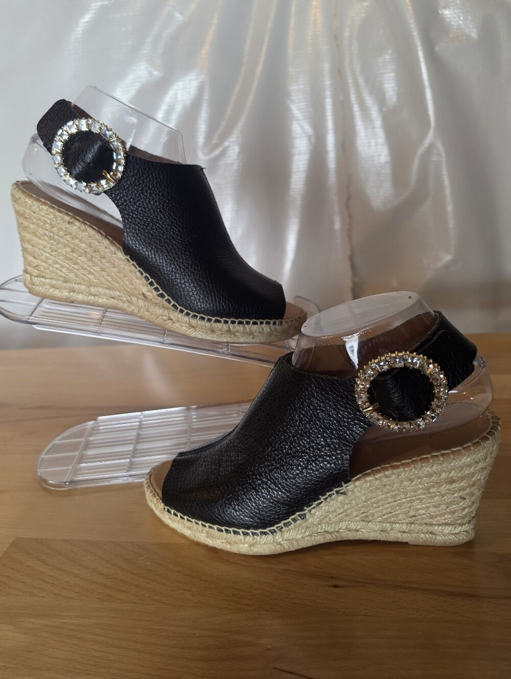 Maypol Black Pebbled Leather Peep Toe Espadrille Wedge Rhinestone Buckle SZ 39